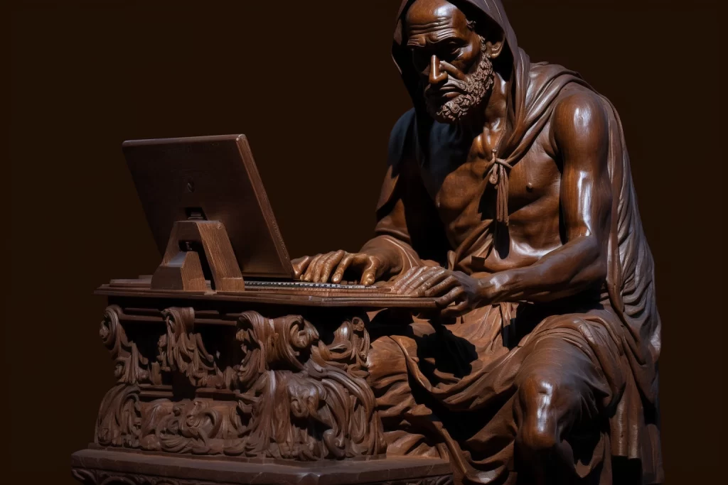 Image depicting a marketer carved of wood.