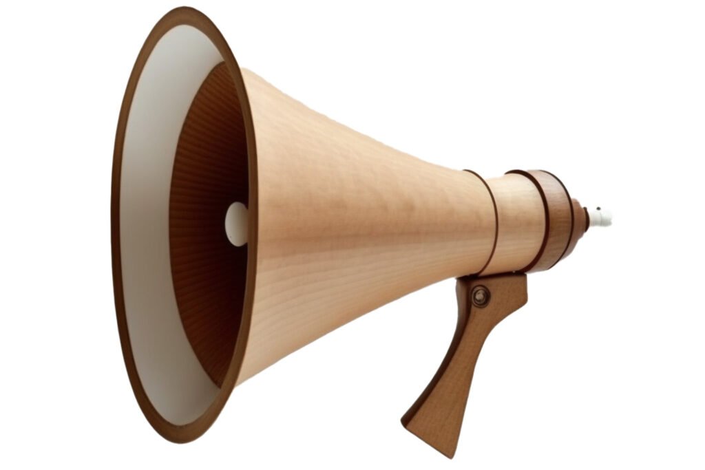 Wooden megaphone illustrating Kekoa Group's brand awareness and pay per click services.