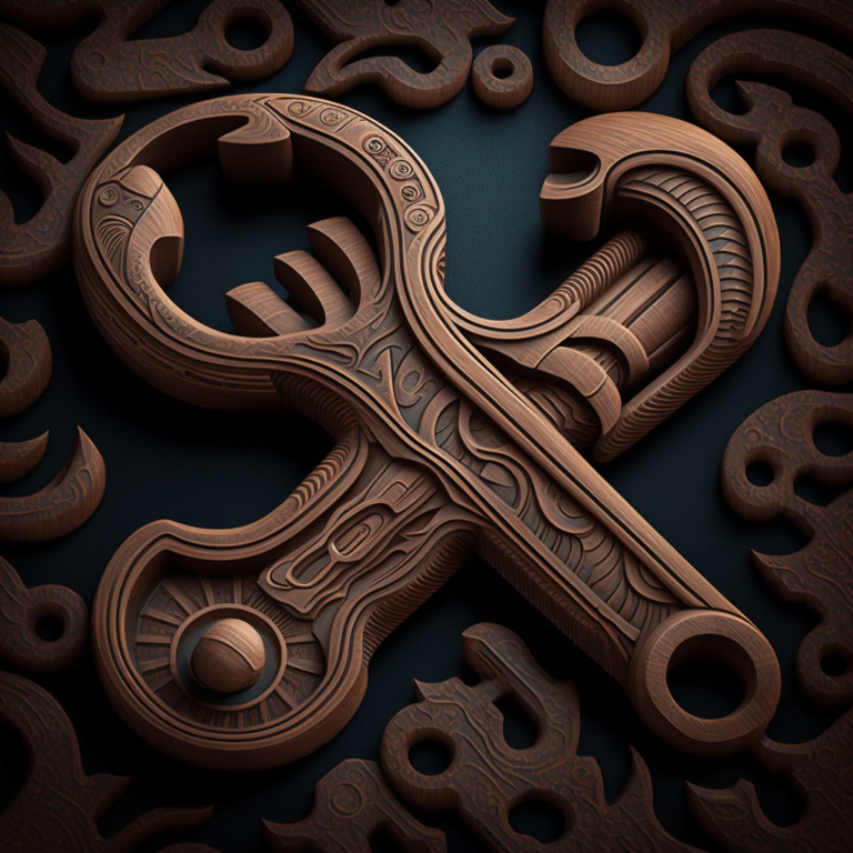 Carved wooden plumbing tools on a dark background.